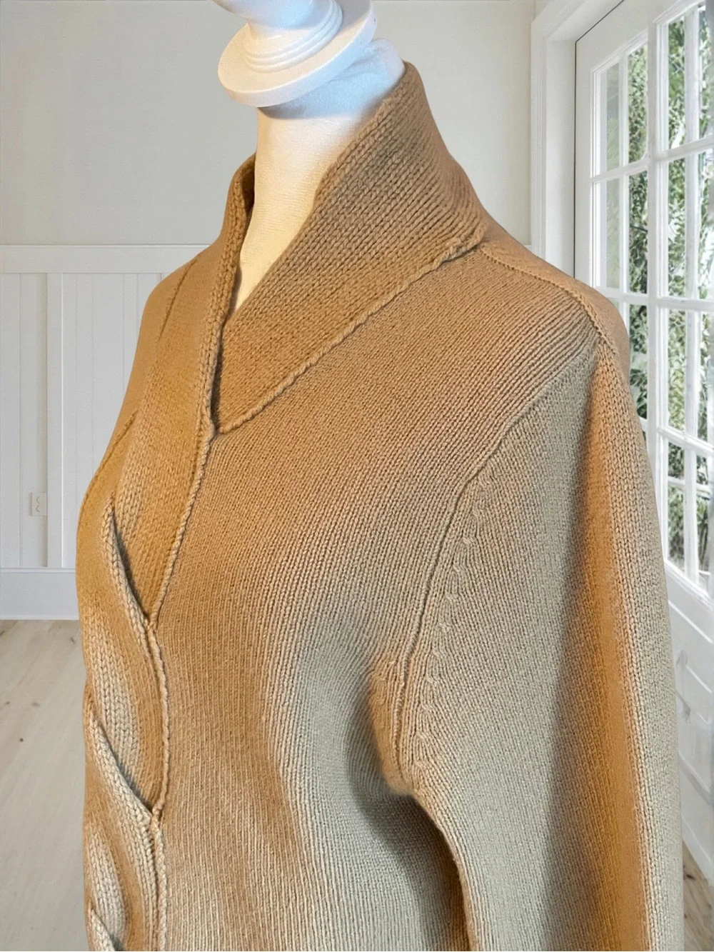 MADISON STUDIO Women's XL Tan 100% Cashmere Shawl Collar Cable Knit Sweater Top - Picture 3 of 15
